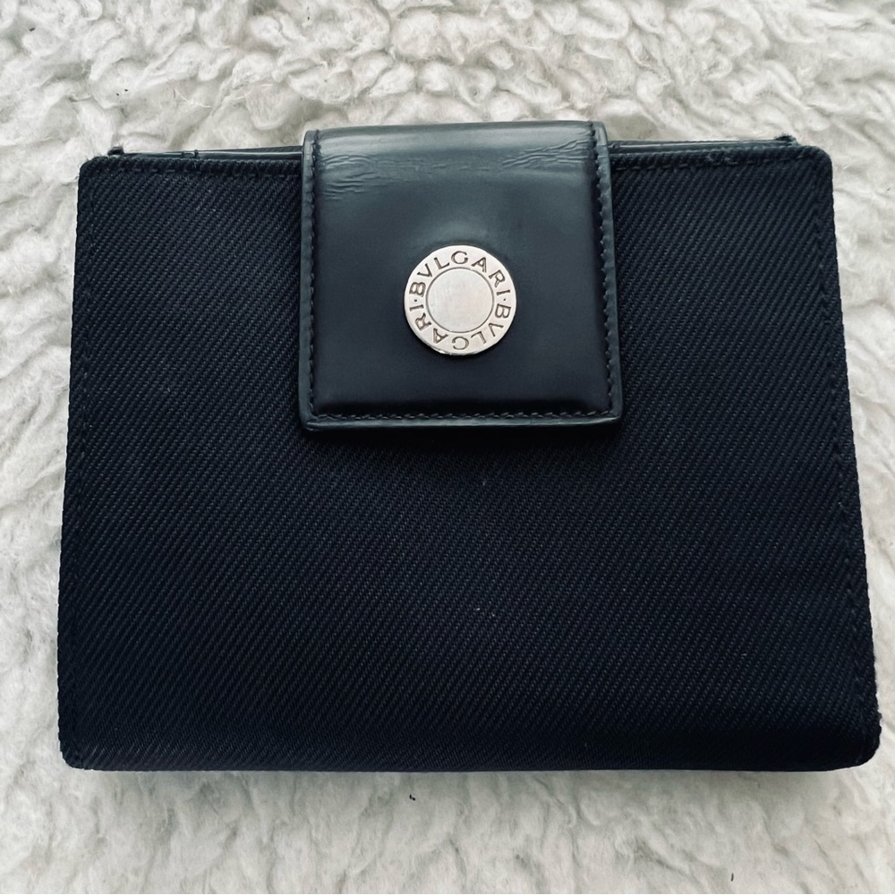 BVLGARI Black Canvas Patent Leather Bifold Compact Wallet